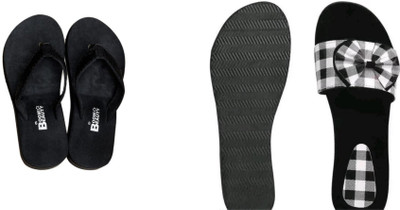 BOOMBEAUTY Women Flip Flops(Black, White , 7)