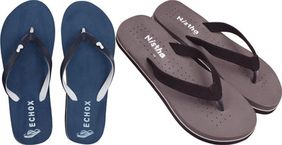 DASHNY Women Flip Flops(Brown, Navy , 6)