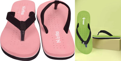 DASHNY Women Flip Flops(Orange, Green , 7)