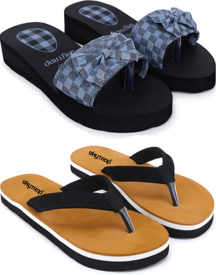 Skytrap Women Stylish Comfortable and Trending Colorful Printed Flip Flop Slide Combo of 2 Slippers(Grey, Brown , 5)
