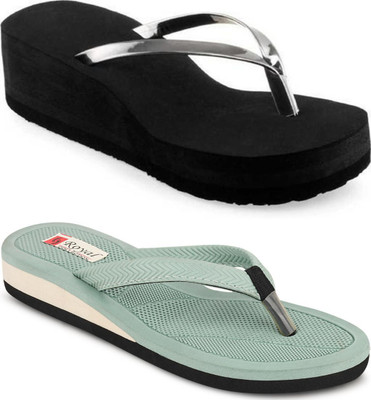 kishu Women Flip Flops(Silver, Black, Green , 5)