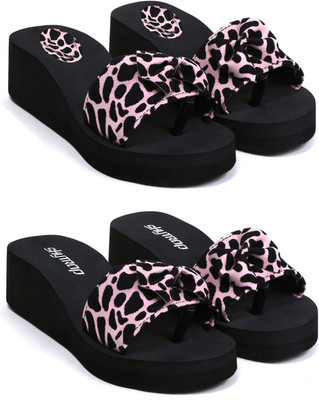 Skytrap Women Stylish Comfortable and Trending Printed Flip Flops Slide Combo of 2 Slippers(Pink , 8)