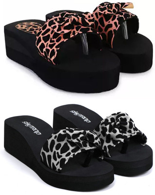 Skytrap Women Stylish Comfortable and Trending Colorful Rubber Flip Flops Slide Combo of 2 Slippers(Brown, Black , 4)
