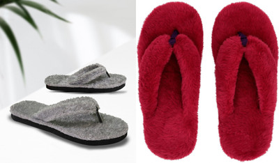 rexizone Women Flip Flops(Grey, Maroon , 6)