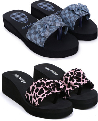 Skytrap Women Stylish Comfortable and Trending Colorful Rubber Flip Flops Slide Combo of 2 Slippers(Grey, Pink , 8)