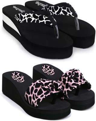 Feens Women Stylish and Comfortable Trending Light Weight Printed Flipflop Combo of 2 Slippers(White, Pink , 5)