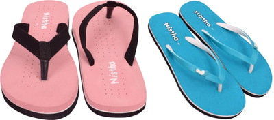 NISTHA Women Flip Flops(Orange, Blue , 4)