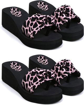 Skytrap Women Stylish Comfortable and Trending Printed Flip Flops Slide Combo of 2 Slippers(Pink , 8)