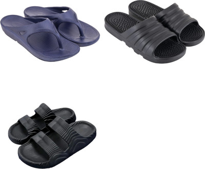 Feel alive Men Slippers(Black, Blue , 8)