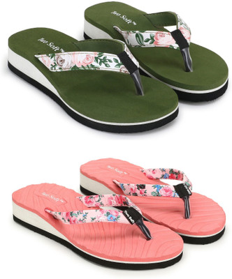 TWO SOFT Women Combo Pack Of 2 Stylish Casual Light & Soft Comfortable Daily Wear Slippers(Green, Pink , 5)