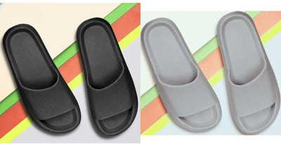 BeeOne Men Flip Flops(Black, Grey , 8)