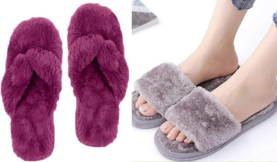 rexizone Women Flip Flops(Grey, Purple , 5)