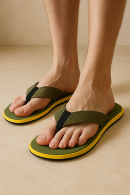 Elibolz Men Flip Flops(Green, Yellow , 9)