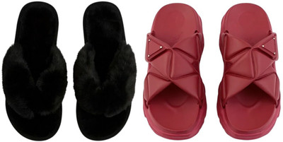 Shivaru trader Women Slippers(Maroon, Black , 6)
