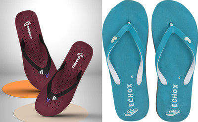 DASHNY Women Flip Flops(Maroon, Blue , 4)