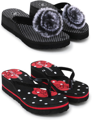Feens Women Slippers(Black, Red , 7)