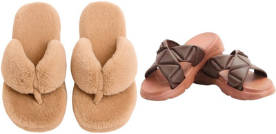 Shivaru trader Women Slippers(Brown, Beige , 4)