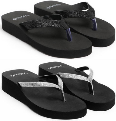 VAHMAH Women Slippers(Black, Silver , 8)