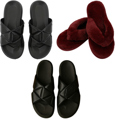 Shivaru trader Women Slippers(Black, Maroon, Black , 4)