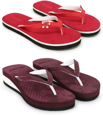 TWO SOFT Women Combo Pack Of 2 Stylish Casual Light & Soft Comfortable Daily Wear Flip Flops(Red, Maroon , 8)