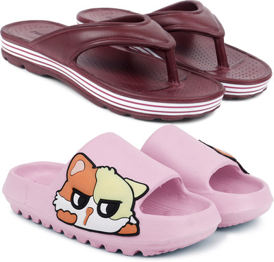 Kapani Fashion Women Women Combo Pack of 2 Lightweight Flipflops, Slipper, Slides (Maroon, Pink , 5) Slides(Maroon, Pink , 5)