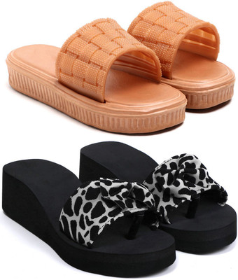 Skytrap Women Slippers(Brown, Black , 8)