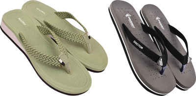 DASHNY Women Flip Flops(Green, Grey , 6)