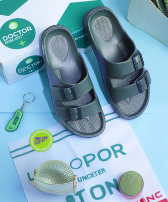 DOCTOR EXTRA SOFT Men Men's Classic Cushion Sliders/Slippers with Adjustable Buckle Strap Adult D-505 Slides(Olive , 9)