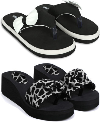 Skytrap Women Stylish Comfortable and Trending Printed Flip Flops Slide Combo of 2 Flip Flops(White, Black , 5)
