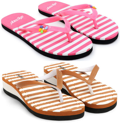 Skytrap Women Slippers(Pink, Brown, White , 7)