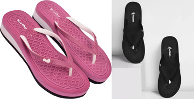 DASHNY Women Flip Flops(Black, Pink , 4)