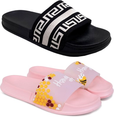 KAPYANSH Women Slides(Black, Pink , 8)