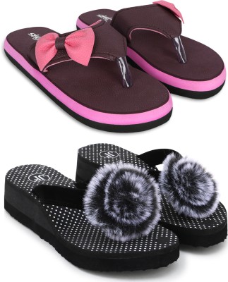 Skytrap Women Slippers(Pink, Black , 7)