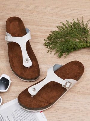 MOZAFIA Women Arch Support Flat Sandals with Adjustable Buckle Straps and Cork Footbed Flip Flops(White , 7)