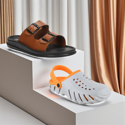 RIFOF Men Slides(Brown, Grey , 10)