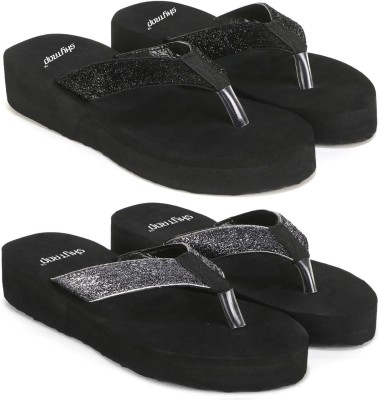 Skytrap Women Flip Flops(Black, Grey , 6)