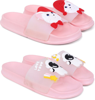 KAPYANSH Women Women Classic Trendy Flipflops, Slipper, Sliders, Chappal Combo Pack of 2 Slides(Pink, Pink , 8)