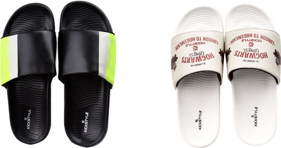 KICKSTYLE Men Slides(White, Black , 9)