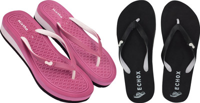 DASHNY Women Flip Flops(Pink, Black , 4)