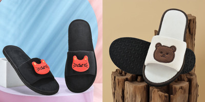 Y key Women Flip Flops(Off White, Black , 6)