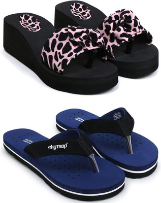 Skytrap Women Stylish Comfortable and Trending Printed Flip Flops Slide Combo of 2 Slippers(Pink, Navy , 4)