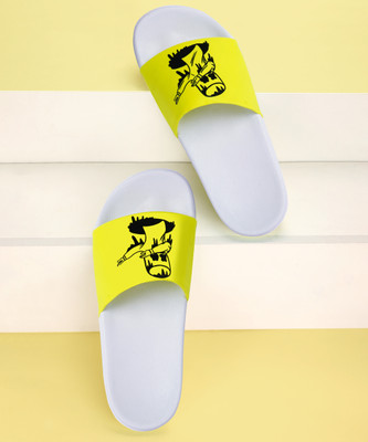 Foot Print Men Slides(Yellow, White , 8)