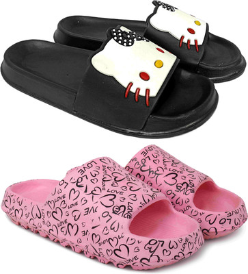KAPYANSH Women Women Classic Trendy Flipflops, Slipper, Sliders, Chappal Combo Pack of 2 Slides(Black, Pink , 5)