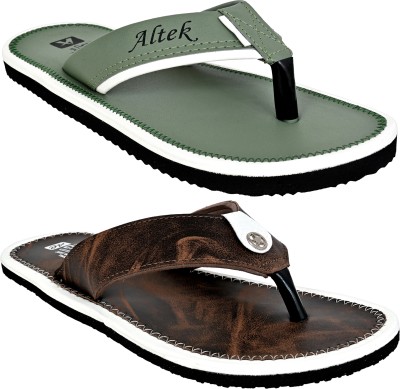 Altek Men Flip Flops(Green, Brown , 9)