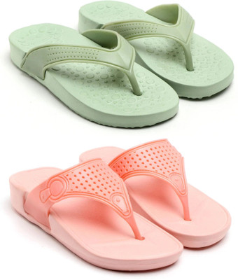 TAFFRAL Women Trending Stylish Lightweight Comfort Combo Slipper Flip Flops(Green, Orange , 8)