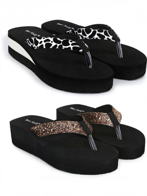 TWO SOFT Women Combo Pack Of 2 Stylish Casual Light & Soft Comfortable Daily Wear Slippers(Black, White, Gold , 5)