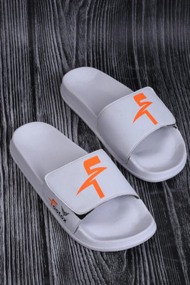 Footox Men Slippers | Slides | Flipflop | Clogs | Ortho | Acupressure Flip Flops(White, Orange , 10)