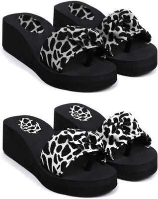 Skytrap Women Stylish Comfortable and Trending Printed Flip Flops Slide Combo of 2 Slides(Black, White , 4)