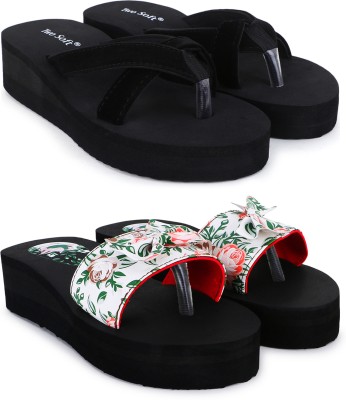 TWO SOFT Women Flip Flops(Black, White , 6)