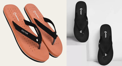 DASHNY Women Flip Flops(Black, Orange , 4)